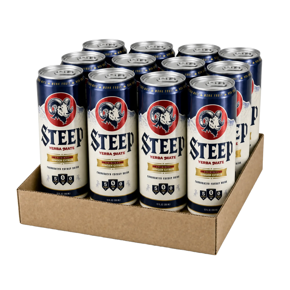 Twelve-pack of Steep Original Ginger Citrus cans in a cardboard tray