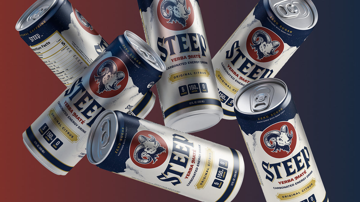 Six cans of Steep Yerba Mate Energy arranged in a cluster