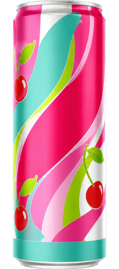 Bright pink and turquoise fruit-patterned can
