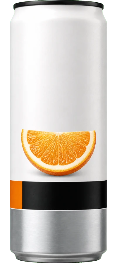 White, black, and silver can with orange graphic